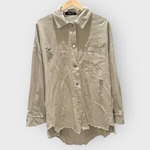 Blue B Collection Large Sage Green Oversized Button Shacket Distressed Boho